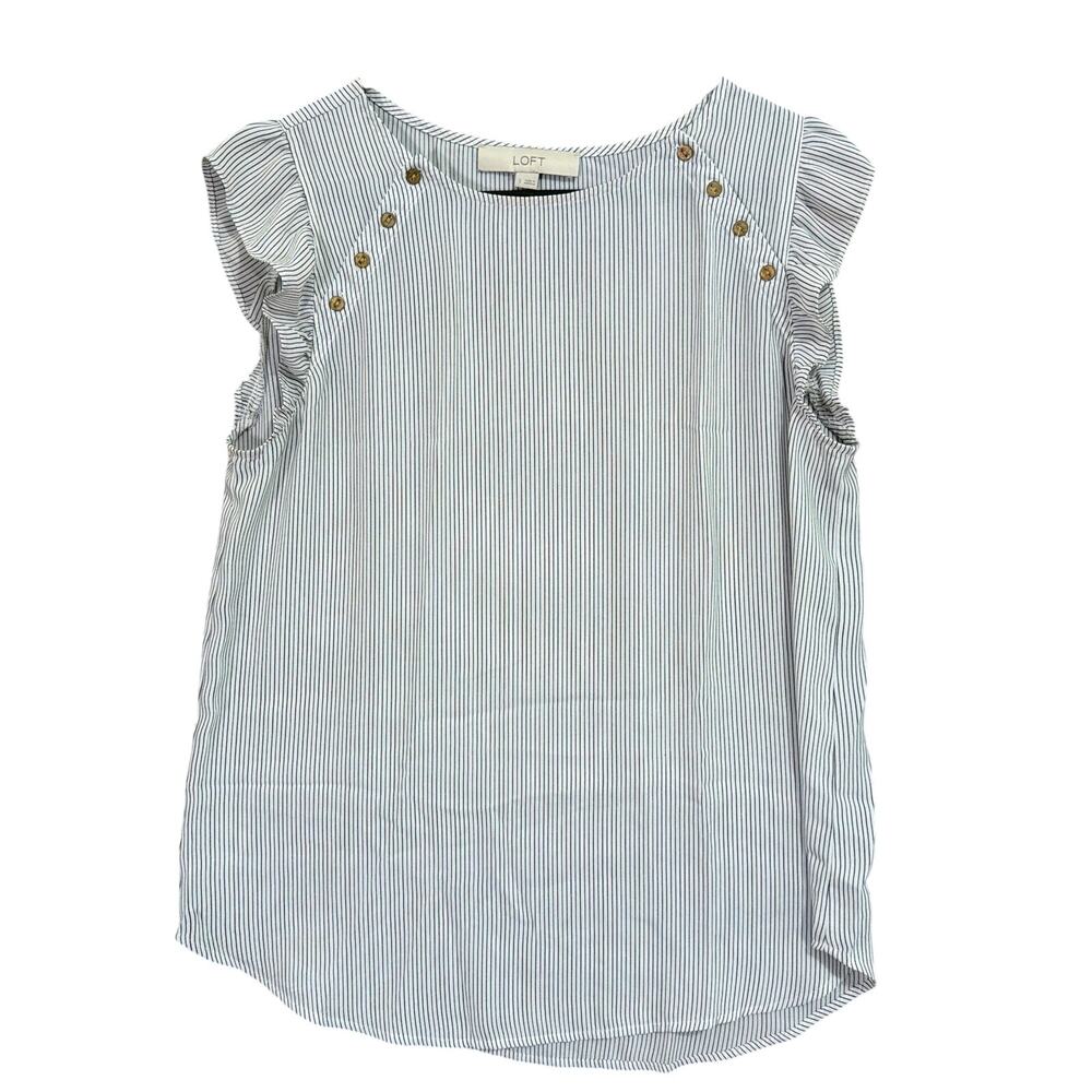 LOFT Womens Blouse White Black Stripe Ruffle Cap Sleeve Polyester Small